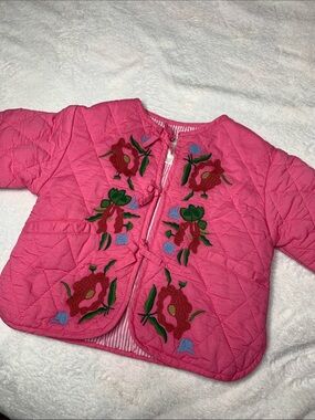 Zara Hot Pink Quilted Jacket with Floral Embroidery